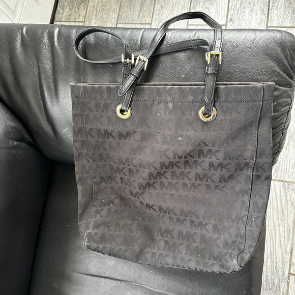Michael Kors Black Leather & Cloth Tote Bag - Used, Minor Interior Damage - Picture 3 of 3